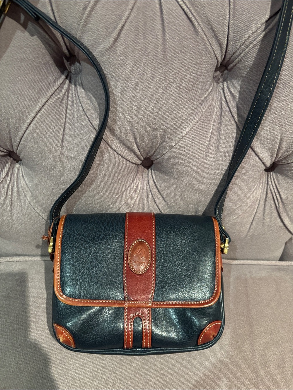 Classic Two-Tone Leather Crossbody Bag - Navy and Brown crossbody equestrian